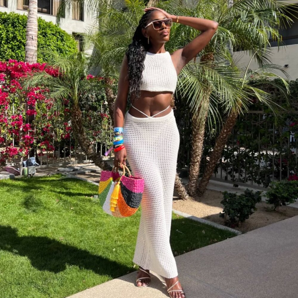 MESHKI Raquel Crochet Lace Up Back Top (S) and Maxi Skirt (M)- Cream